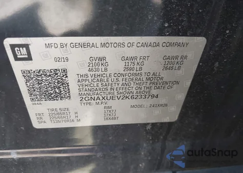 2019 Chevrolet Equinox Lt из США, поврежденный, VIN 2GNAXUEV2K6233794